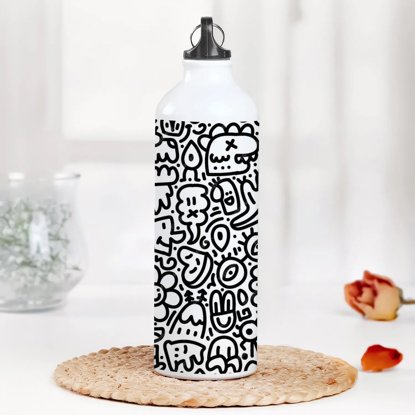 Black in white doodle art Printed Normal Sipper Water Bottle 750 ml For Gym, Yoga, Kids, Boys, Girls, Brother, Sister, Babies, Baby, Workout, Adults