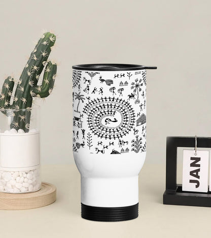 Warli painting seamless pattern Printed 350ML Travel MUG
