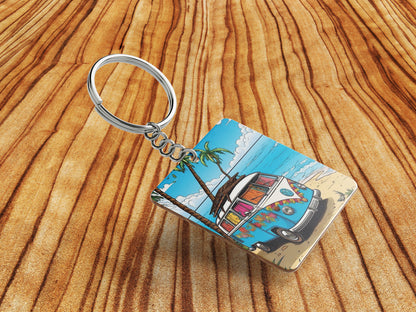 Camping Van on Morning Sun Beach Printed Square Shape Wooden Keyring with Chain