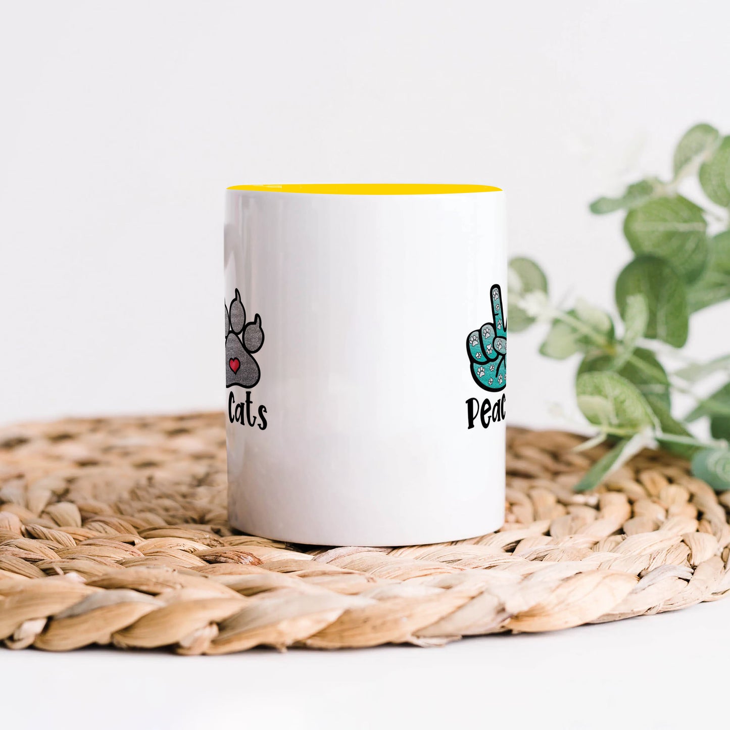 Peace Love cats design Yellow Handle 330 ml Coffee Mug