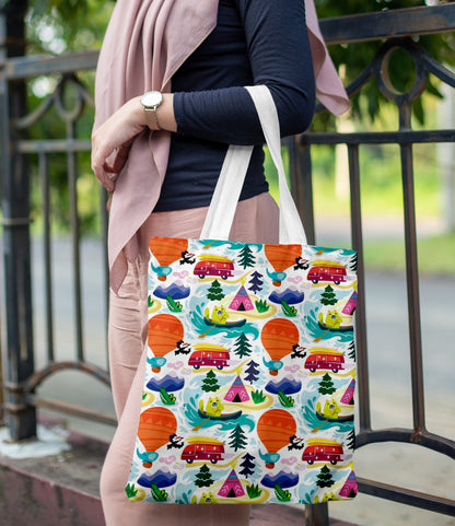 Animals explore the world seamless pattern Printed Design White Tote Bag (14 X 16 Inches) For Shopping, College, Travel