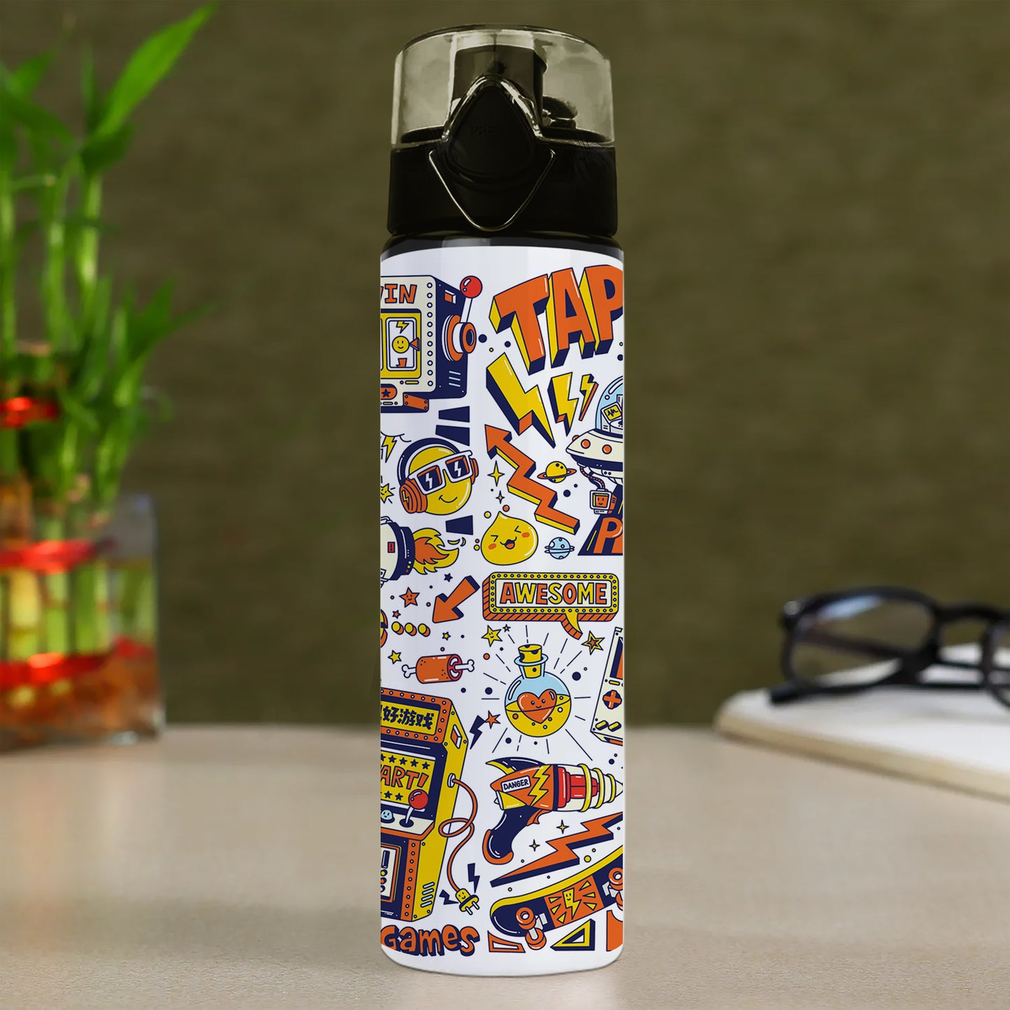 Game city colorful doodle art Printed Flip Flop Water Bottle 750 ml For Gym, Yoga, Kids, Boys, Girls, Brother, Sister, Babies, Baby, Workout, Adults