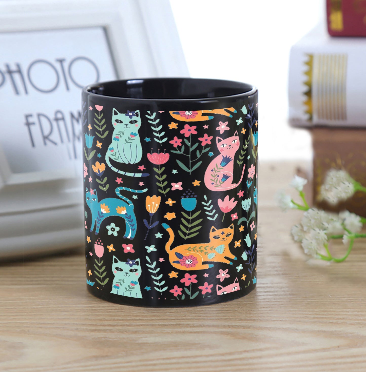 Vector seamless pattern with flowers and Cute Flower Cats in cartoon style Full Black 330 ml Coffee Mug