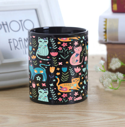 Vector seamless pattern with flowers and Cute Flower Cats in cartoon style Full Black 330 ml Coffee Mug