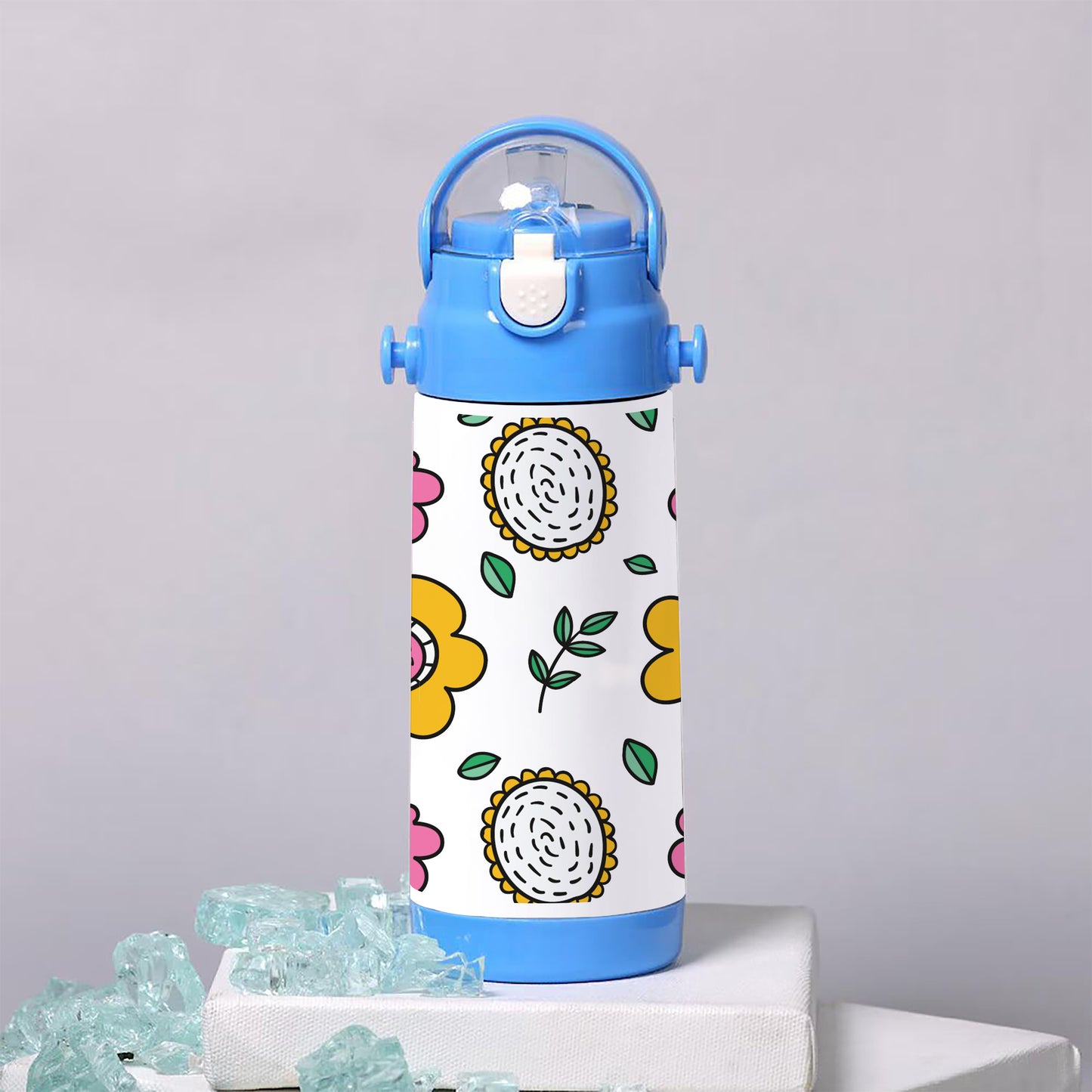 Flowers pattern insulated Water Bottle with Straw for Kids 500ml School Bottle, Picnic Bottle, Sipper Bottle, Leak Proof