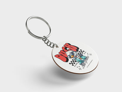 Duck - Lets Groove Design Printed Circle Shape Wooden Keyring with Chain