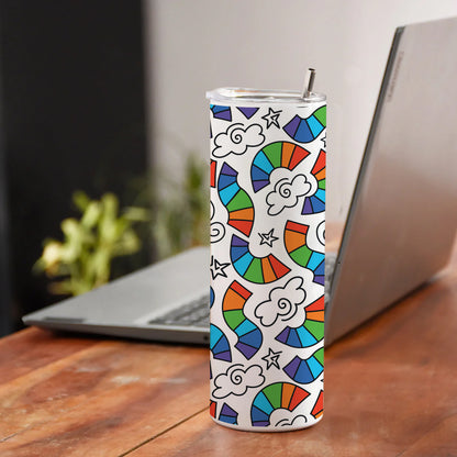 Hand drawn rainbow pattern design Printed 750ML with Lid Leak Proof Travel Tumbler with Straw