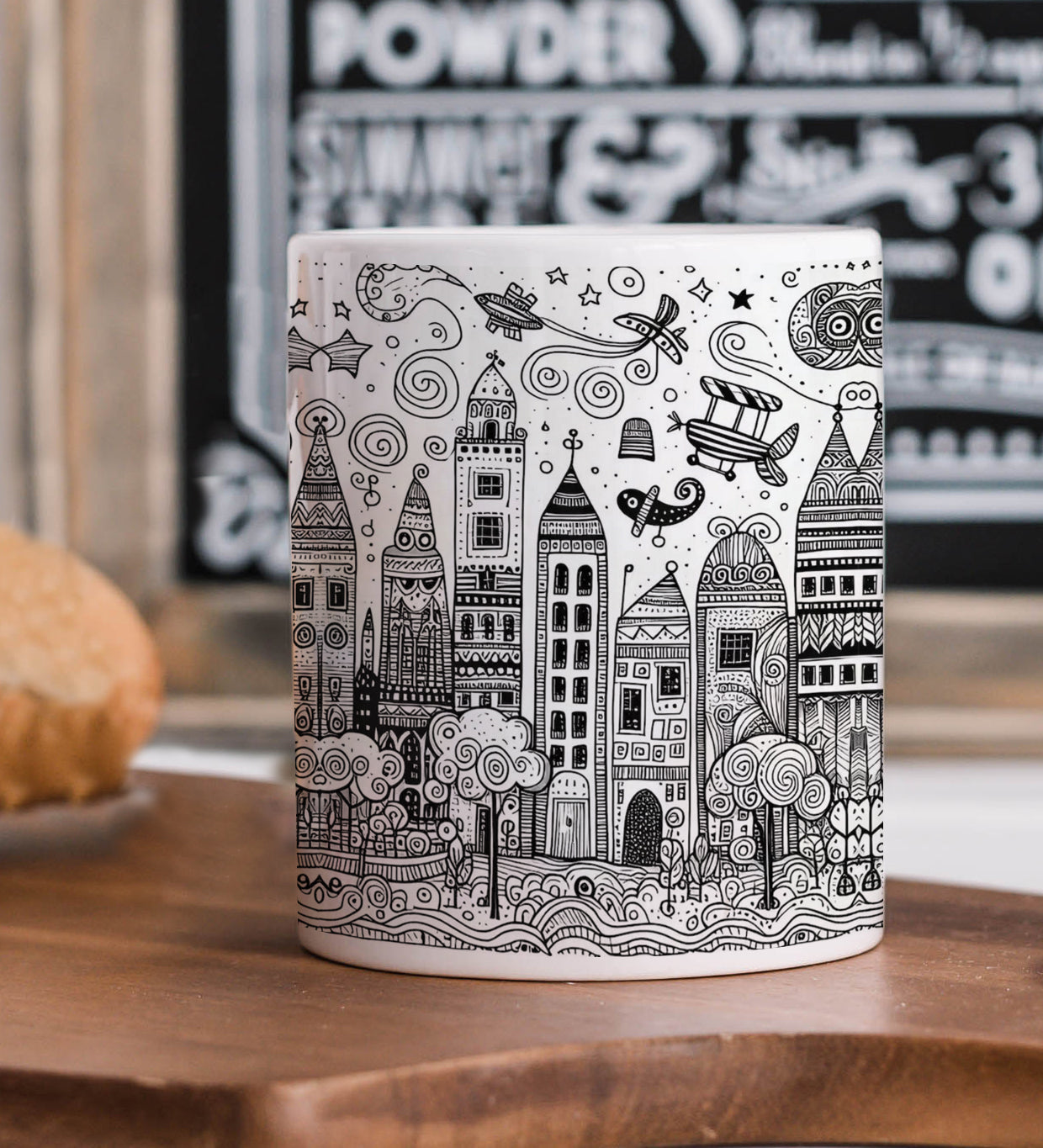 Black N white city doodle art Mug and Keychain Combo 330 ml Coffee Mug