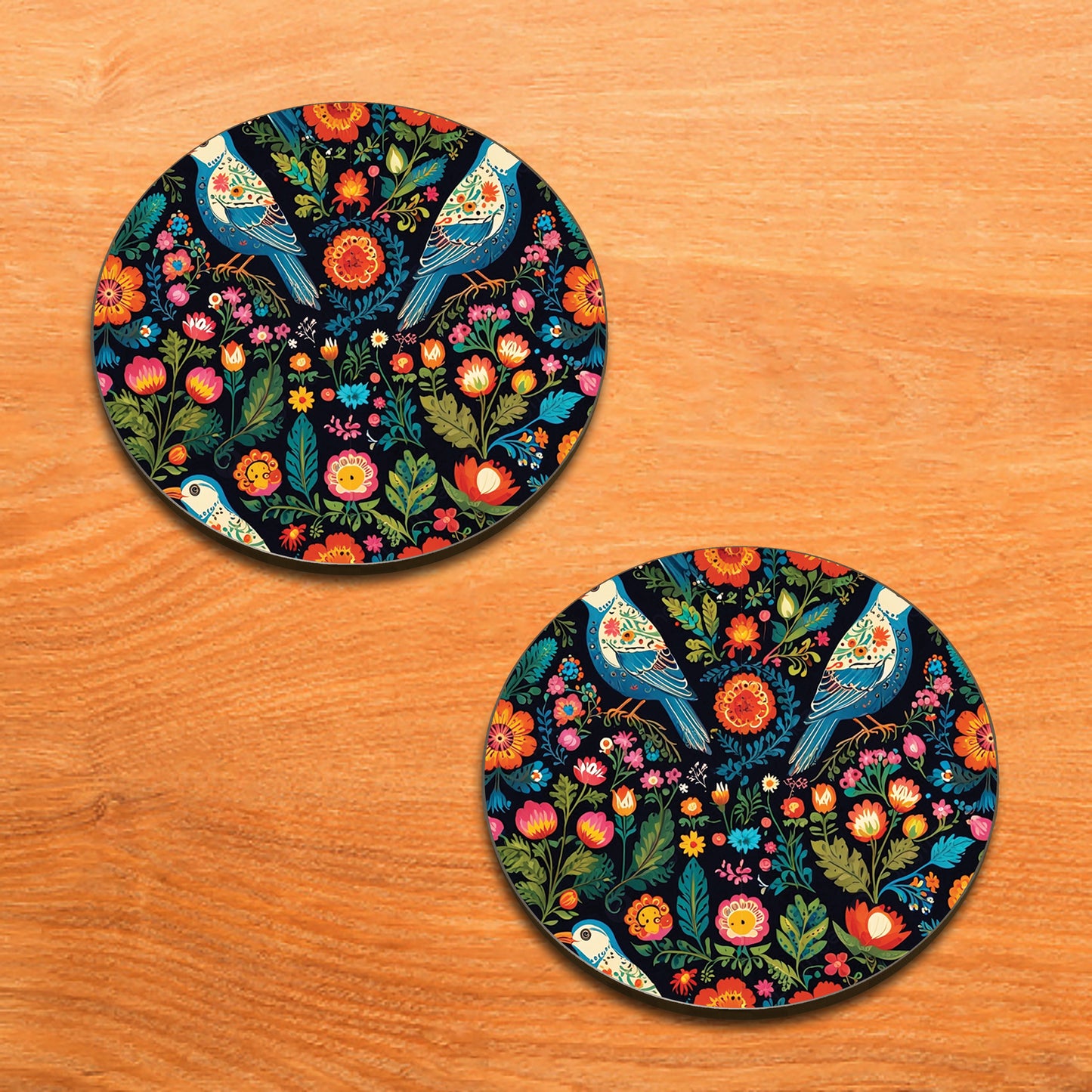 Birds and Flowers Folk Pattern Combo Mugs and Coaster(Set of 2 Mugs and 2 coasters) 330 ml Full Black Coffee Mug