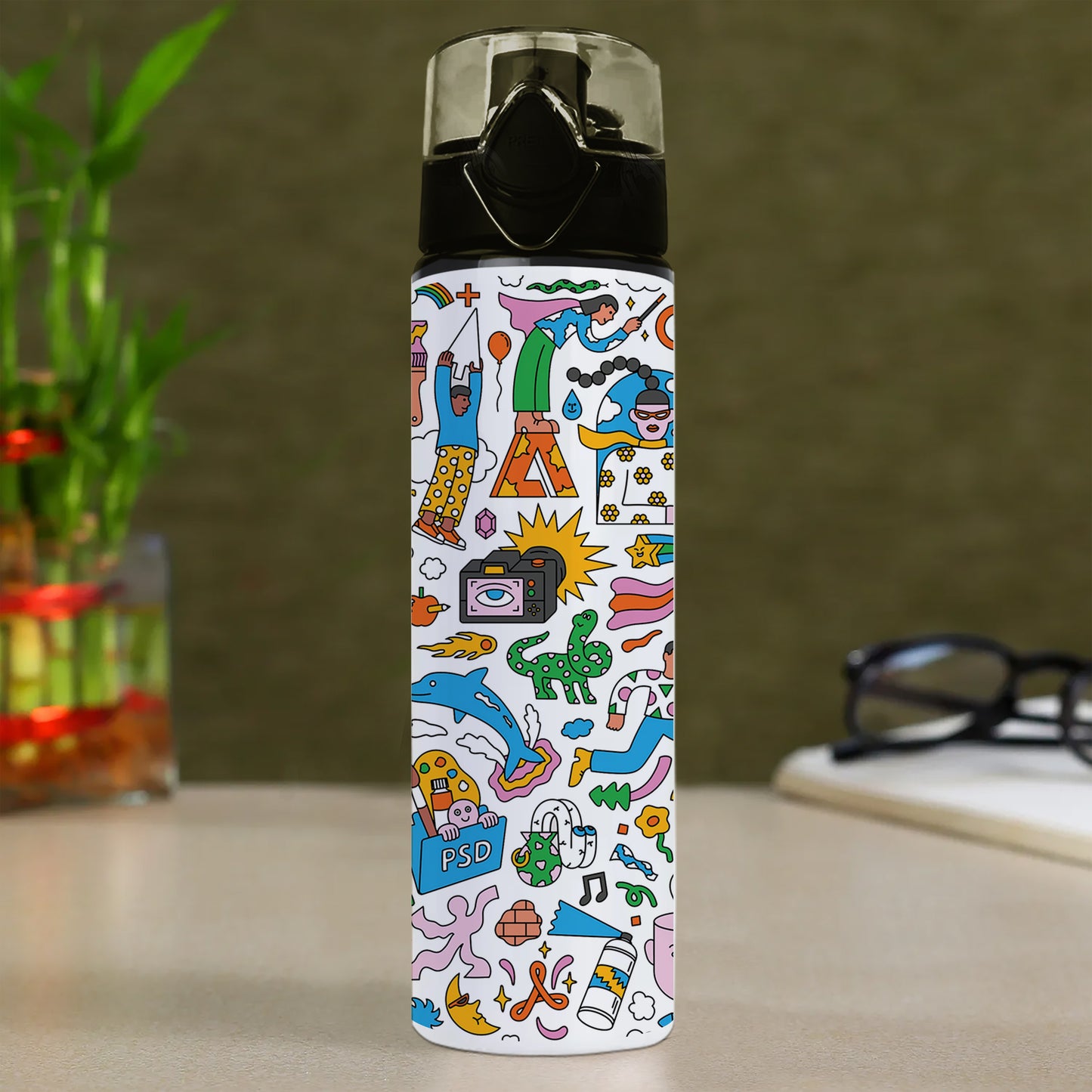 Colorful Hand drawing Doodle art Printed Flip Flop Water Bottle 750 ml For Gym, Yoga, Kids, Boys, Girls, Brother, Sister, Babies, Baby, Workout, Adults