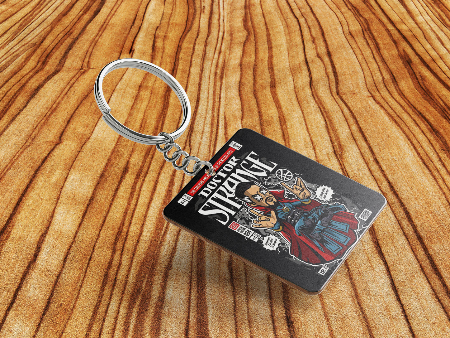 Pop art Dr Strange Printed Square Shape Wooden Keyring with Chain