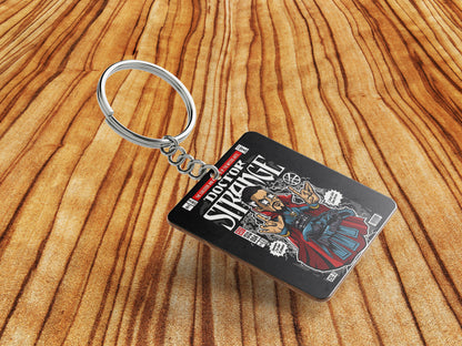 Pop art Dr Strange Printed Square Shape Wooden Keyring with Chain
