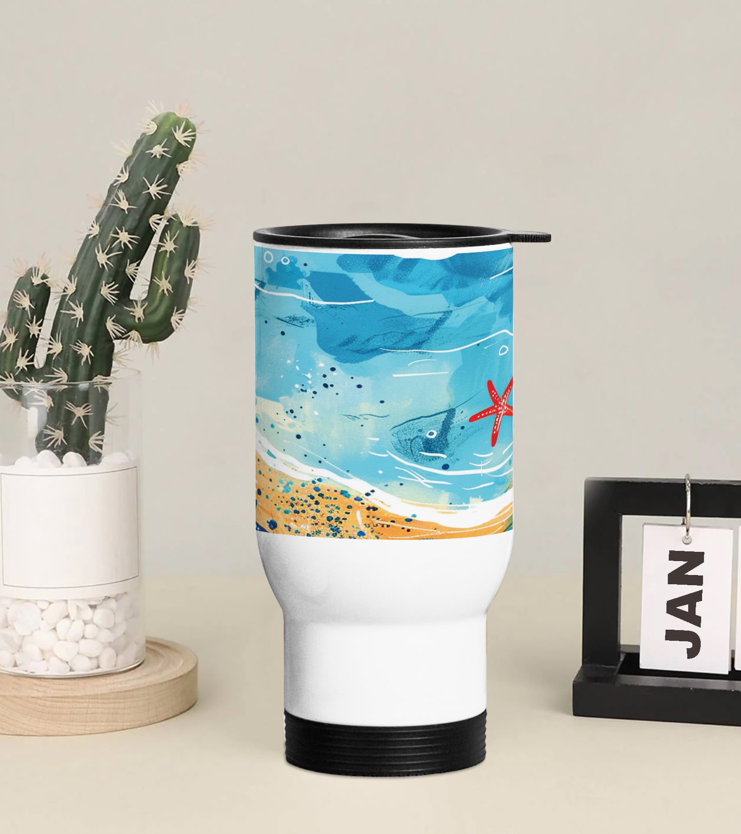 Cartoon illustration of a beach scene Printed 350ML Travel MUG