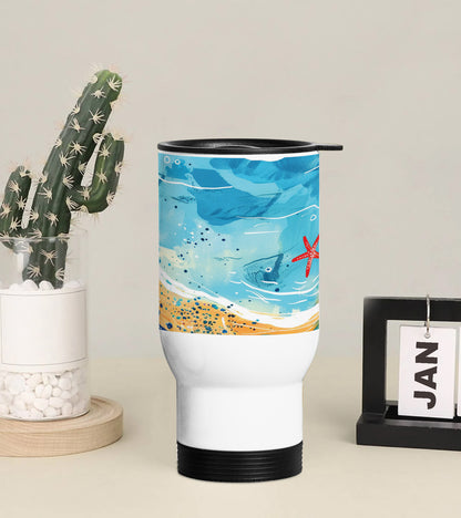 Cartoon illustration of a beach scene Printed 350ML Travel MUG