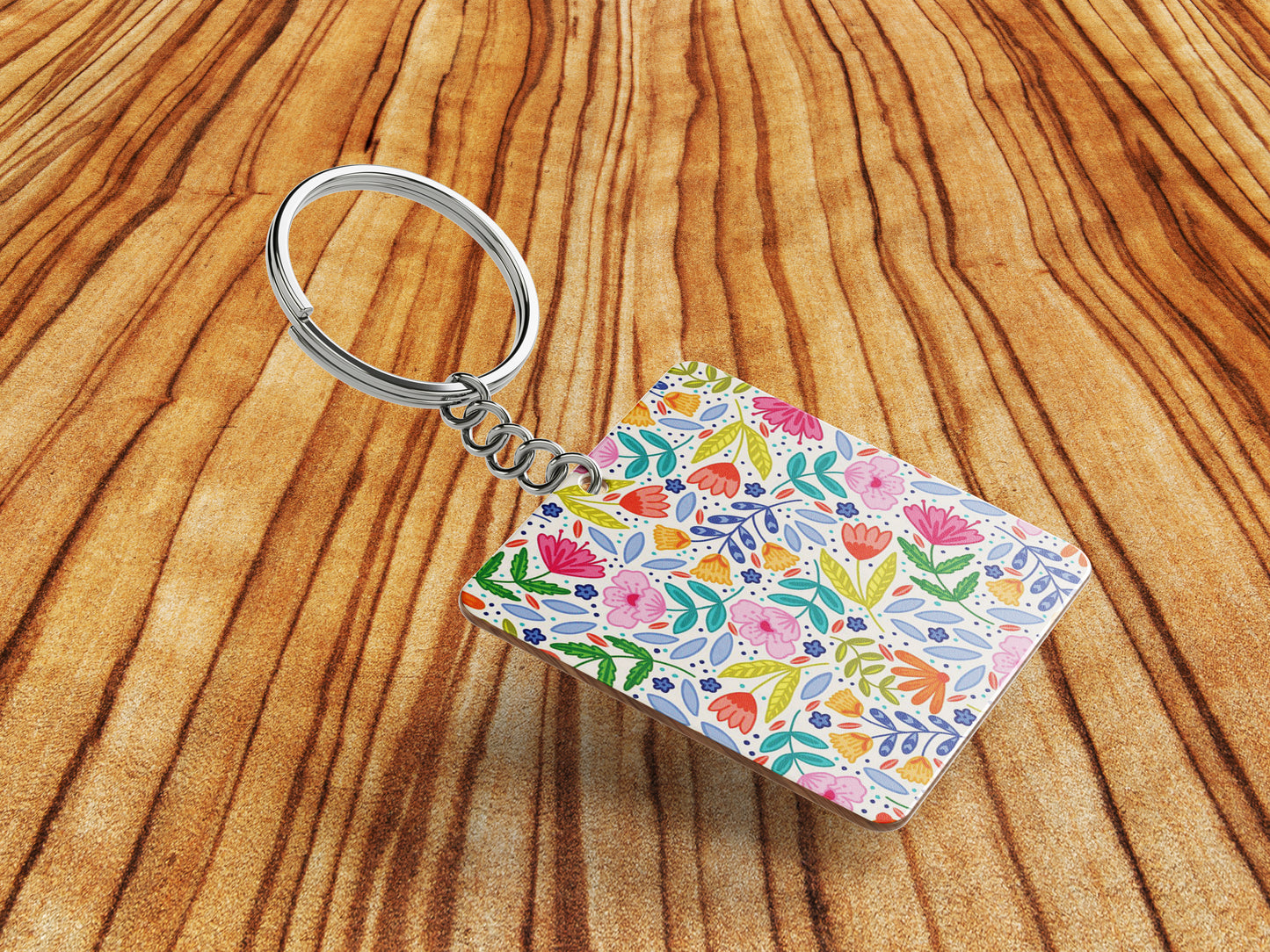 Amazing seamless floral pattern Printed Square Shape Wooden Keyring with Chain