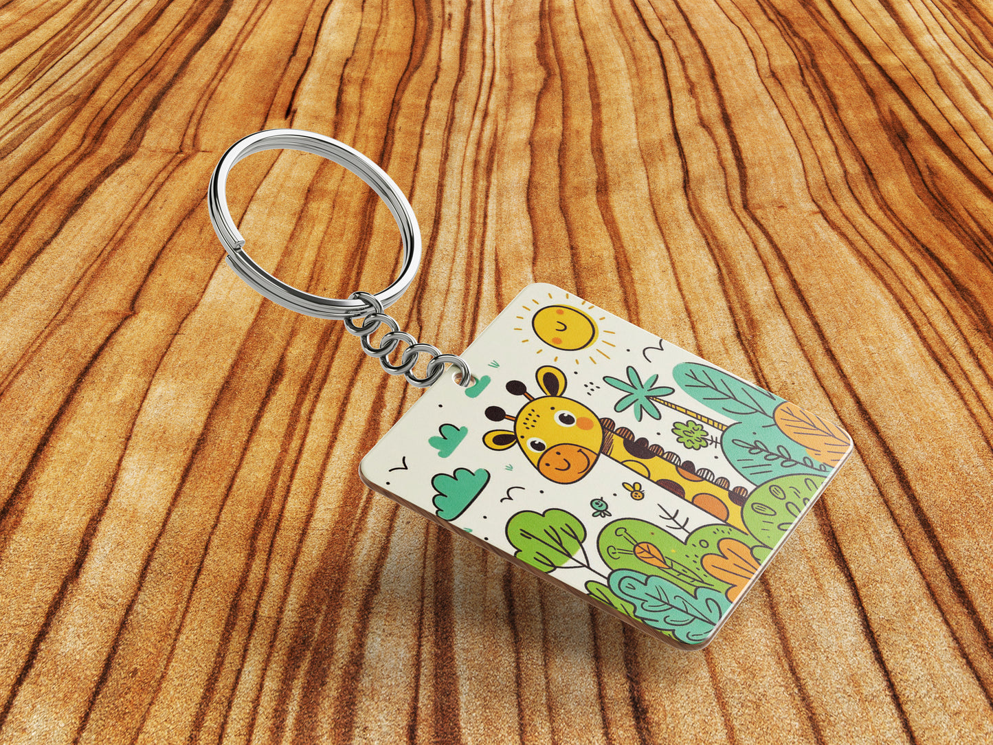 A cartoon drawing of giraffes and trees Printed Square Shape Wooden Keyring with Chain