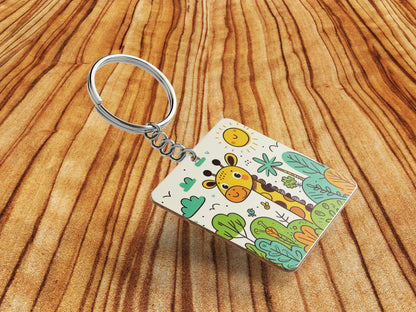 A cartoon drawing of giraffes and trees Printed Square Shape Wooden Keyring with Chain