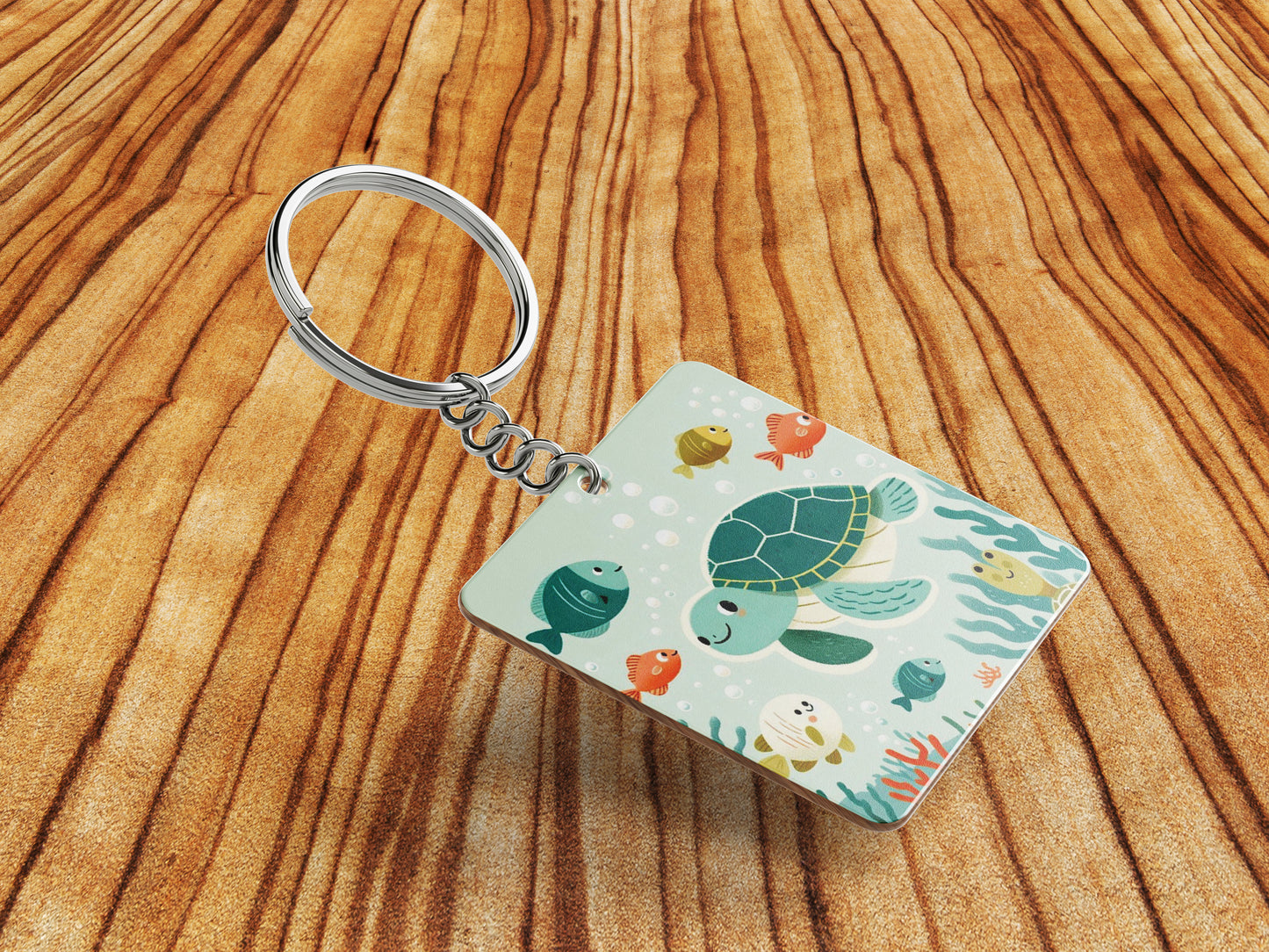 There are sea turtles swimming in the ocean with corals Nursery Painting Printed Square Shape Wooden Keyring with Chain
