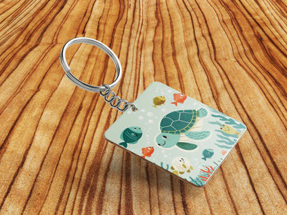 There are sea turtles swimming in the ocean with corals Nursery Painting Printed Square Shape Wooden Keyring with Chain