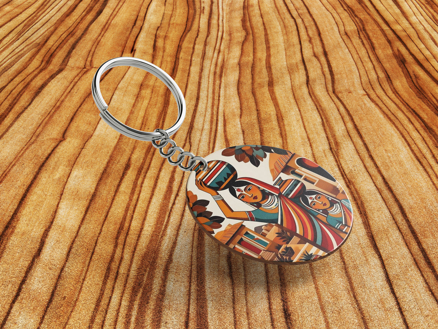 Village Woman royalty illustration Printed Round Circle Shape Wooden Keyring with Chain