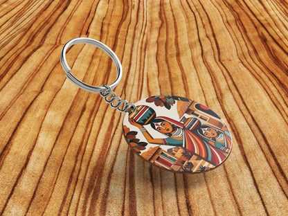 Village Woman royalty illustration Printed Round Circle Shape Wooden Keyring with Chain