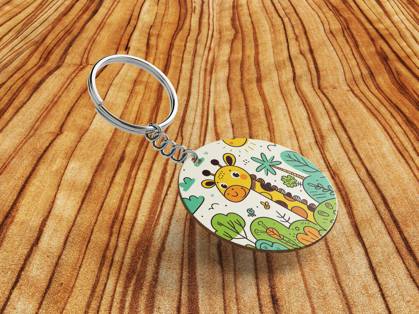 A cartoon drawing of giraffes and trees Printed Round Circle Shape Wooden Keyring with Chain