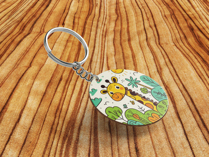 A cartoon drawing of giraffes and trees Printed Round Circle Shape Wooden Keyring with Chain