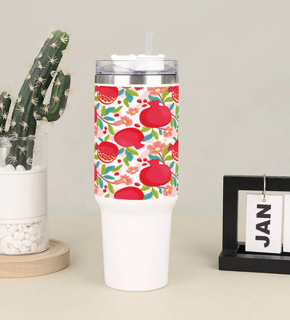 Hand drawn fruit and floral design pattern Printed 850ML with Lid Leak Proof Big Travel Tumbler with Handle and Straw