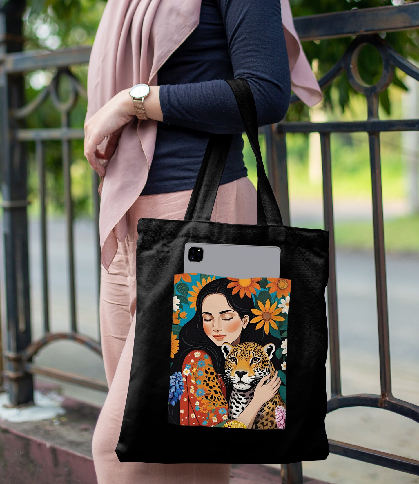 Girl With Leopard In Jungle colorful art Design Printed Black Patch With Pocket Tote Bag (14 X 16 Inches) For Shopping, College, Travel