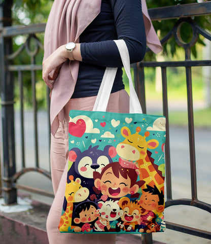 Kids Enjoying Zoo illustrated Printed Design White Tote Bag (14 X 16 Inches) For Shopping, College, Travel