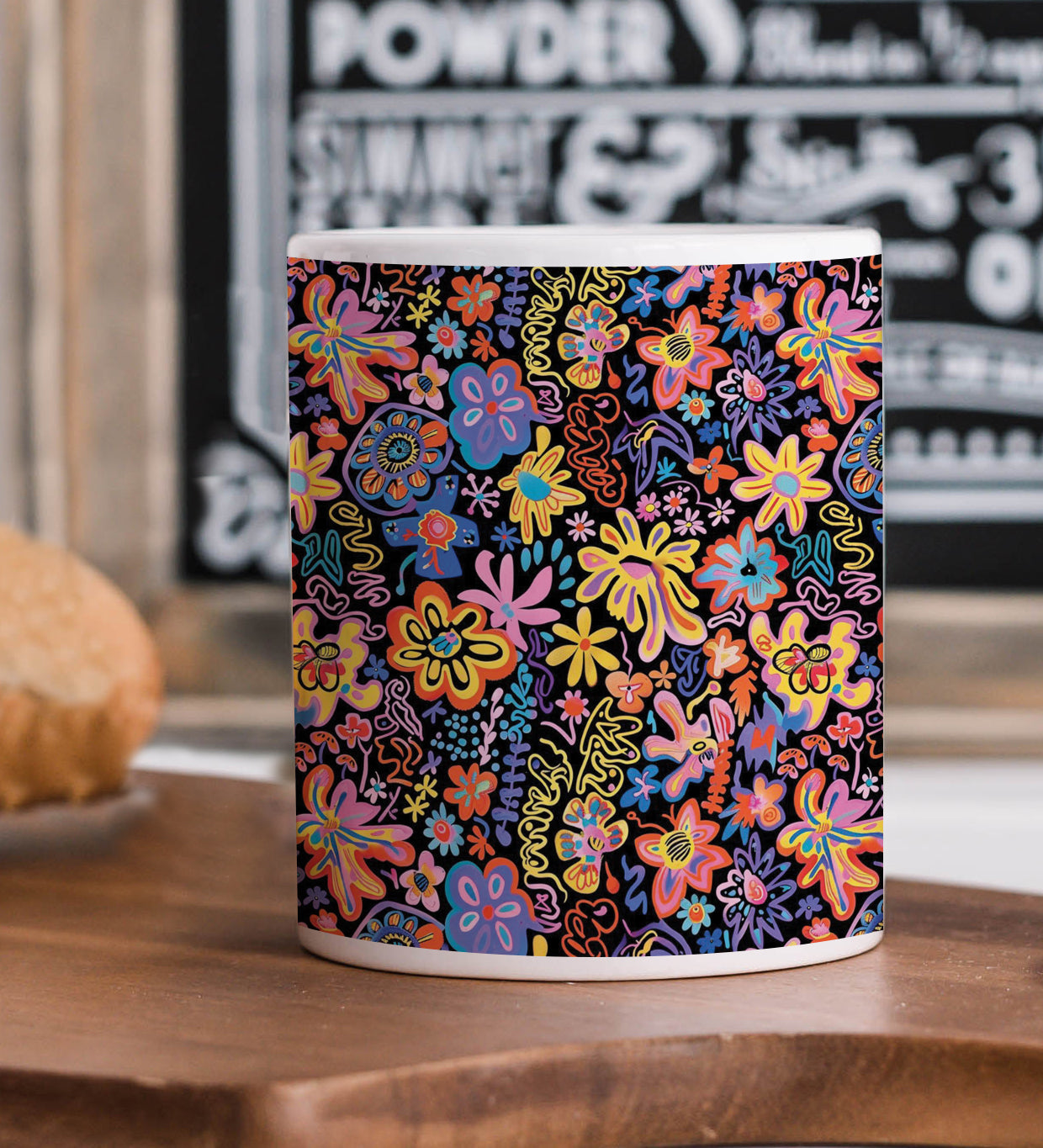 Colorful Flowers Pattern Printed 330 ml White Coffee Mug with Square Shape Wooden Keyring and Chain