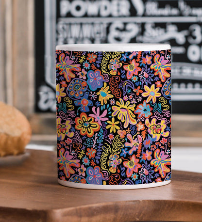 Colorful Flowers Pattern Printed 330 ml White Coffee Mug with Square Shape Wooden Keyring and Chain