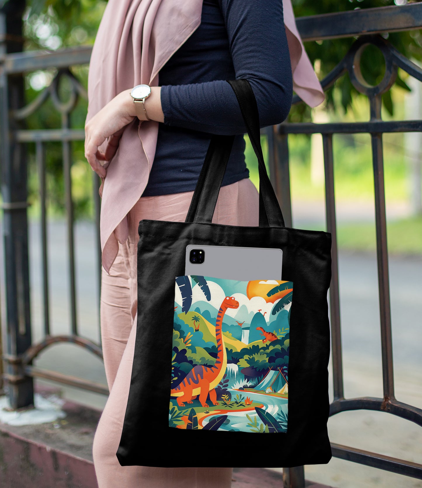 Dinosaur in a jungle vector Art Design Printed Black Patch With Pocket Tote Bag (14 X 16 Inches) For Shopping, College, Travel