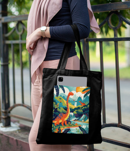 Dinosaur in a jungle vector Art Design Printed Black Patch With Pocket Tote Bag (14 X 16 Inches) For Shopping, College, Travel