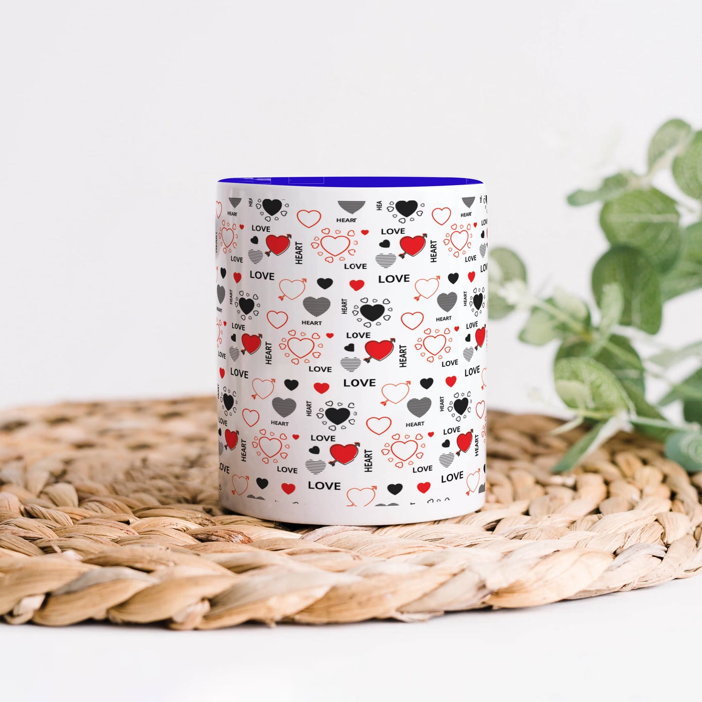 Romantic Hand Drawn Elements With Love Lettering design Dark Blue Handle 330 ml Coffee Mug