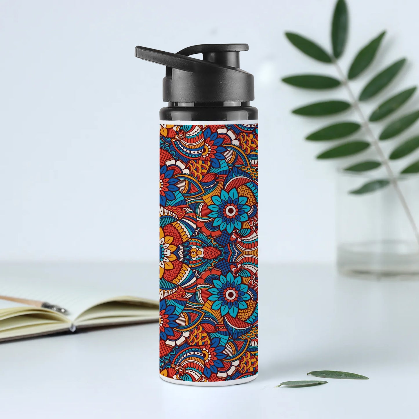 Hand drawn floral elements colorful ethnic seamless pattern Printed Eagle Shape Water Bottle 750 ml For Gym, Yoga, Kids, Boys, Girls, Brother, Sister, Babies, Baby, Workout, Adults