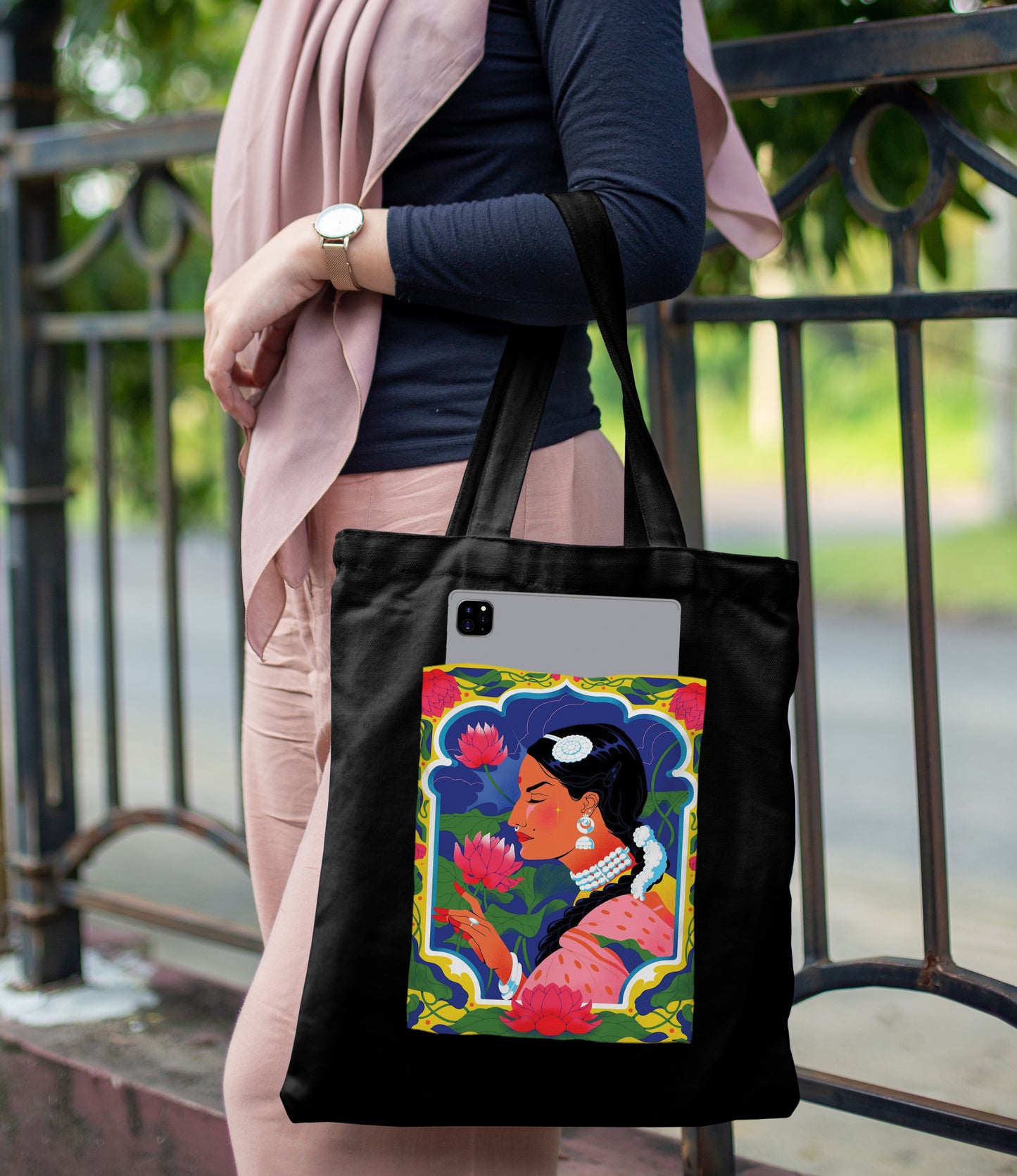 Beautiful woman illustration Design Printed Black Patch With Pocket Tote Bag (14 X 16 Inches) For Shopping, College, Travel
