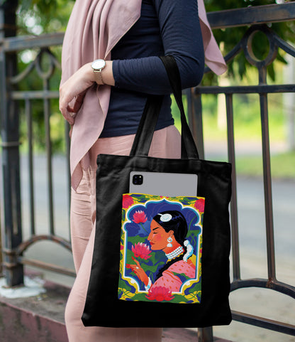 Beautiful woman illustration Design Printed Black Patch With Pocket Tote Bag (14 X 16 Inches) For Shopping, College, Travel