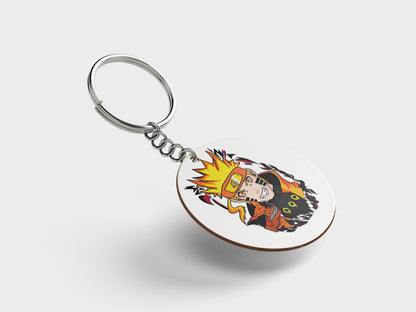 Artistic Impression Naruto Uzumaki Printed Circle Shape Wooden Keyring with Chain