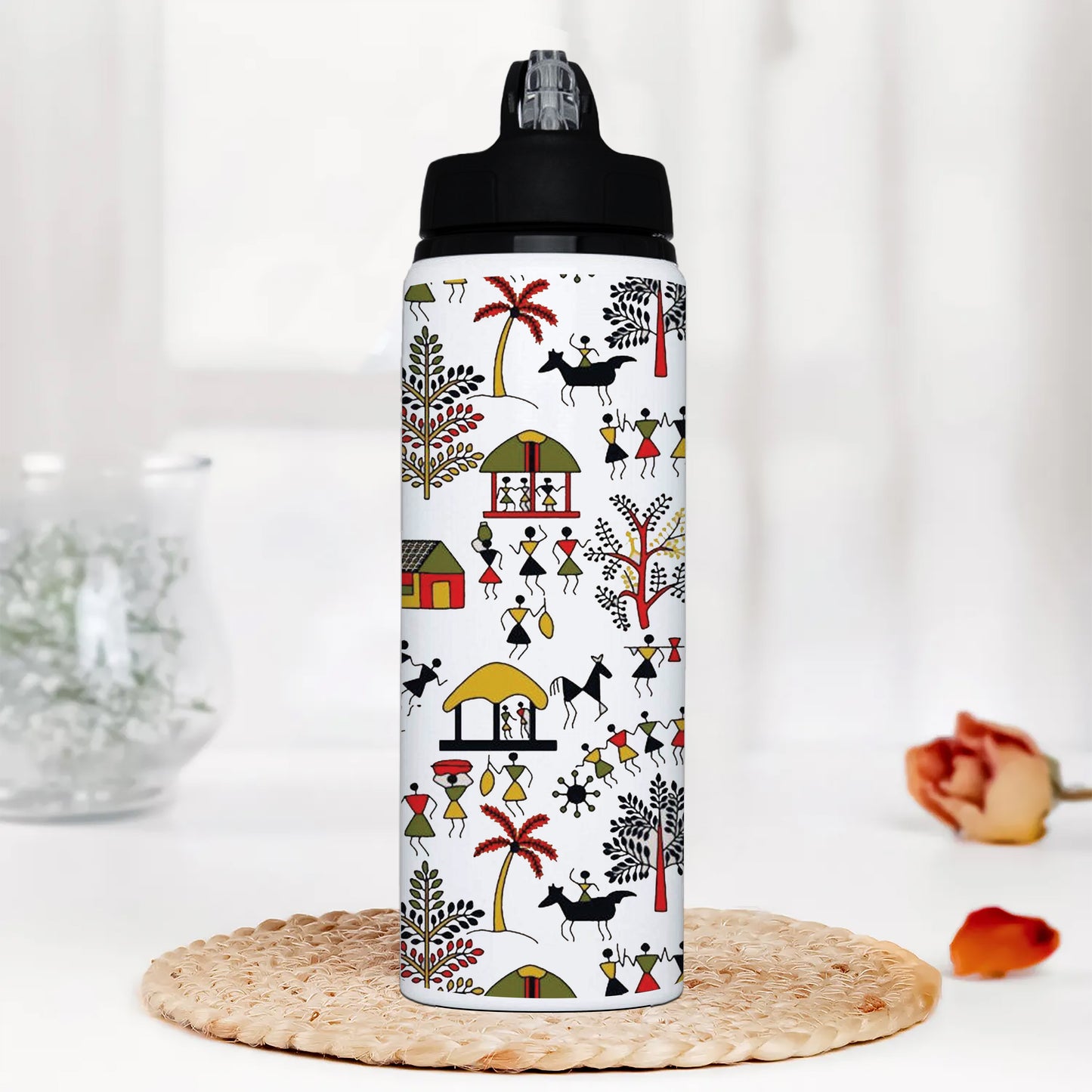 Hand drawn traditional the ancient tribal art India Pattern Printed Black Nozzle Water Bottle 750 ml For Gym, Yoga, Kids, Boys, Girls, Brother, Sister, Babies, Baby, Workout, Adults