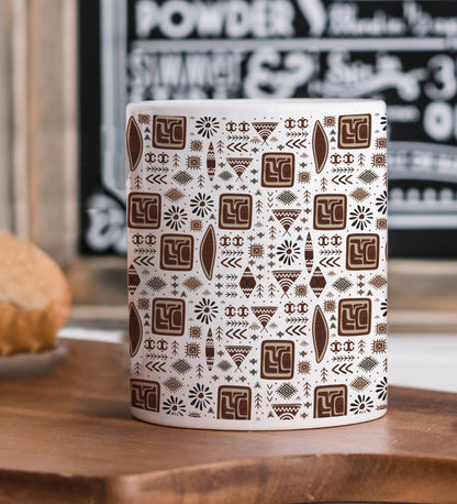 Ethnic Seamless Pattern Printed 330 ml White Coffee Mug with Square Shape Wooden Keyring and Chain