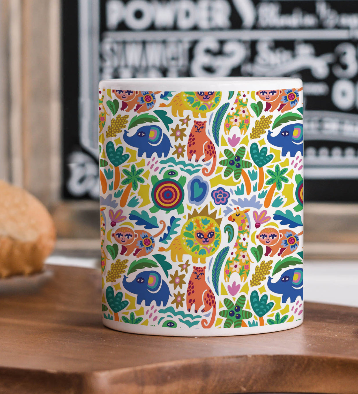 Seamless African Animals Pattern Printed 330 ml White Coffee Mug with Square Shape Wooden Keyring and Chain