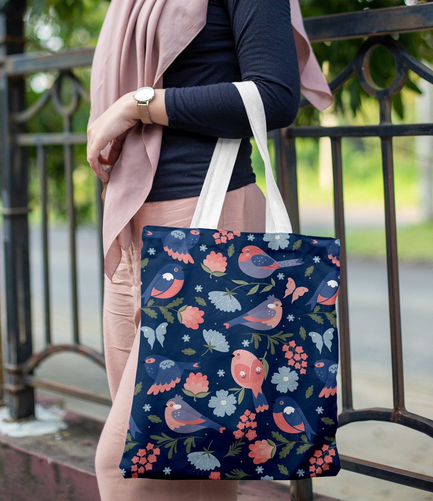Cute Spring Birds Seamless Pattern Printed Design White Tote Bag (14 X 16 Inches) For Shopping, College, Travel