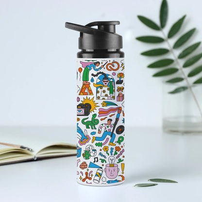 Colorfull Hand drawing Doodle art Printed Eagle Shape Water Bottle 750 ml For Gym, Yoga, Kids, Boys, Girls, Brother, Sister, Babies, Baby, Workout, Adults