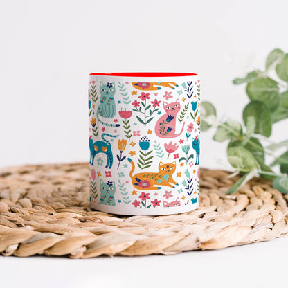 Vector seamless pattern with flowers and cats Cute Flower Cats in cartoon style Red Handle 330 ml Coffee Mug