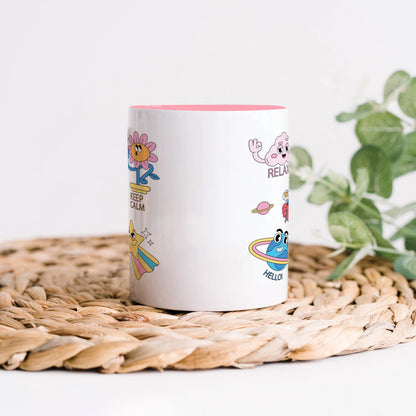Hand drawn trendy cartoon badges design Light Pink Handle 330 ml Coffee Mug
