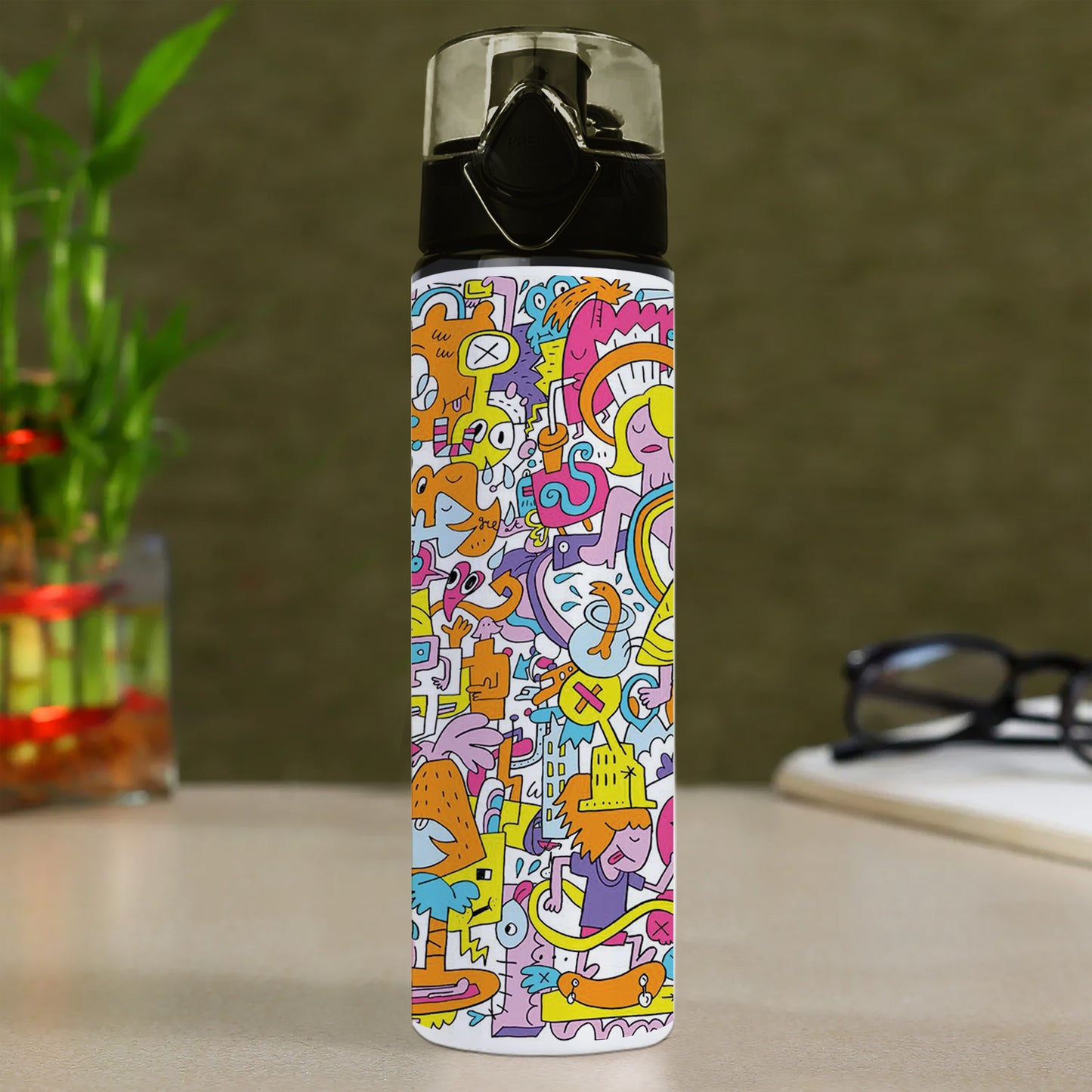 A colorful illustration of a group of people with different faces and the words Printed Flip Flop Water Bottle 750 ml For Gym, Yoga, Kids, Boys, Girls, Brother, Sister, Babies, Baby, Workout, Adults