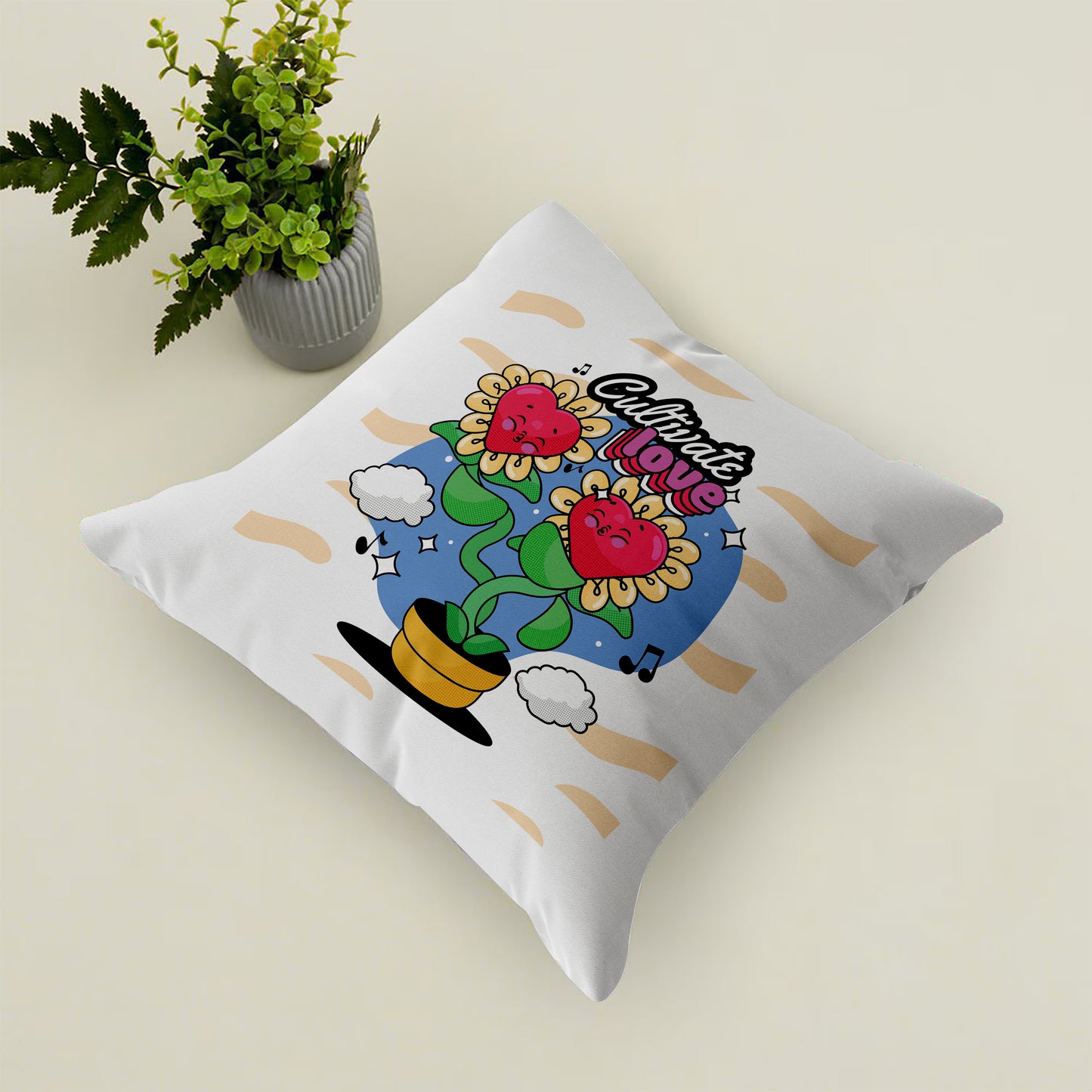 Hand Drawn Flowers Love Cartoon illustration Design Cushion (12x12 inches) Pack of 1