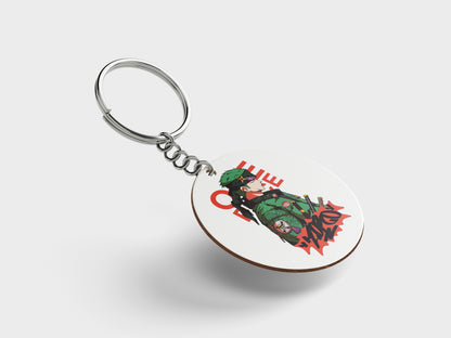 ZORO One Piece Streetwear Essential Design Printed Circle Shape Wooden Keyring with Chain