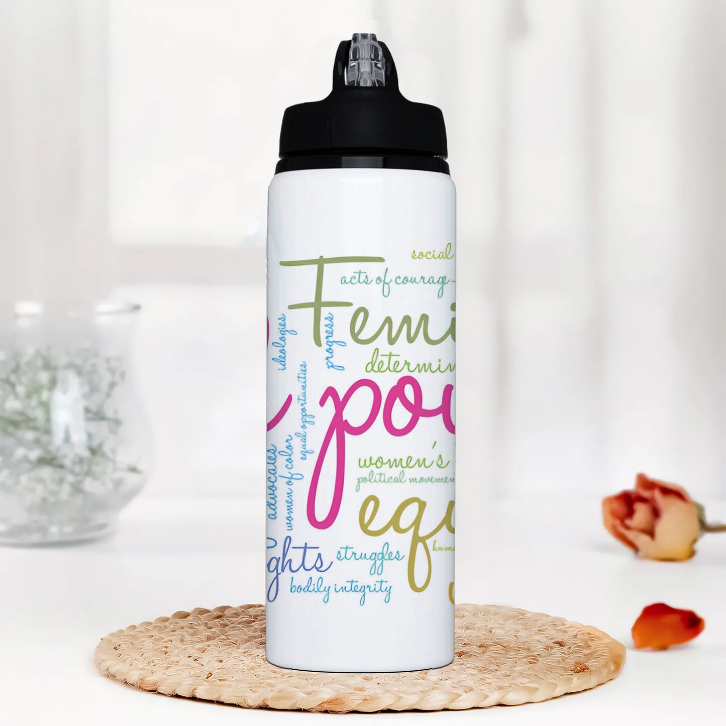 Girl Power word cloud typography pattern Printed Black Nozzle Water Bottle 750 ml For Gym, Yoga, Kids, Boys, Girls, Brother, Sister, Babies, Baby, Workout, Adults